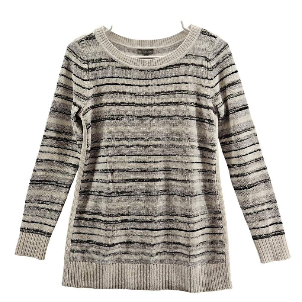 T by Talbots Womens XS Gray White Striped Cotton Blend Knit Sweater‎ 53819321